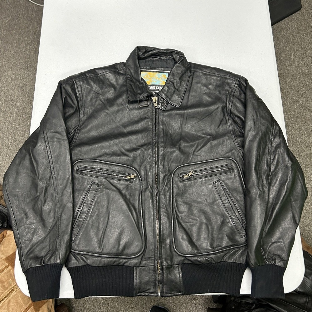 Stratojac Leather Bomber Jacket Mens Medium Black Ribbed Trim Utility Pockets